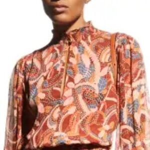 A.L.C. Silk Chiffon Metallic Thread Keyhole blouse High Neck Botanical Print